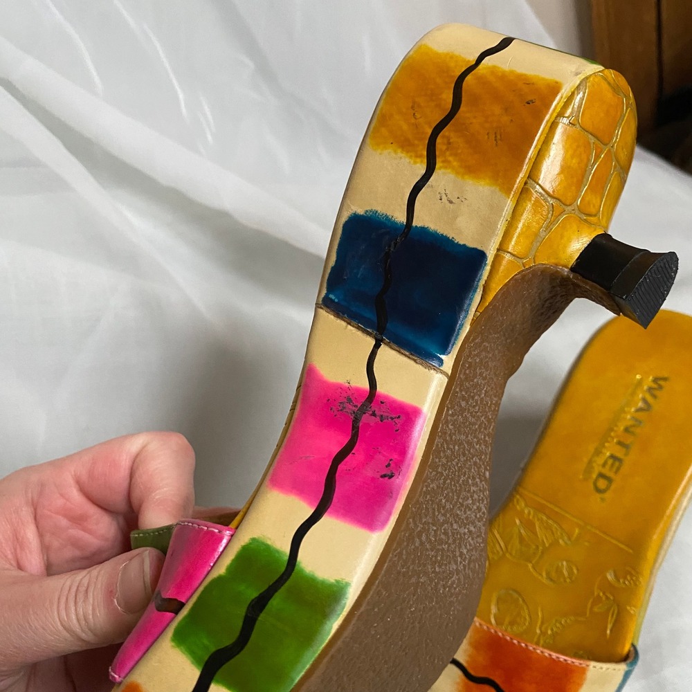 Y2K Wanted Bahama Yellow Colorblock Kitten Heel Slide Sandals 5 Artsy Resort 90s - Picture 7 of 7